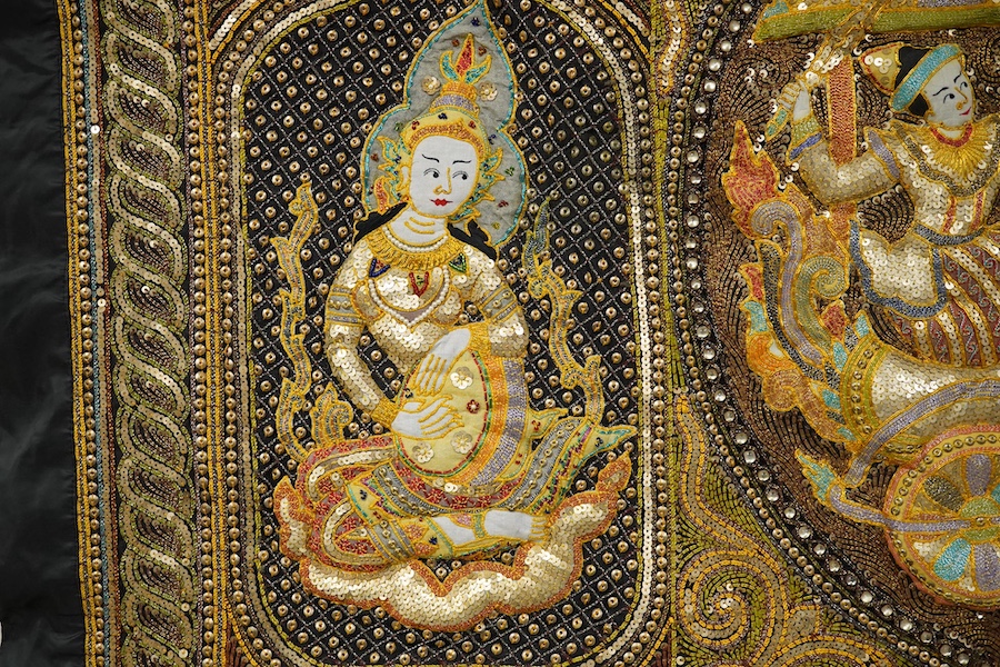 A Kalaga, Burmese tapestry embroidered with gold threads and sequins, 94cm high. Condition - good